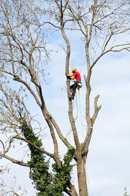 Arborist Cutting Tree with Chainsaw